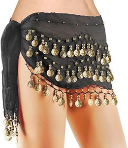 COSICS Belly Dance Hip Scarf, Women's Black Chiffon Belly Dancing Scarf with 128 Gold Coins for Yoga Class