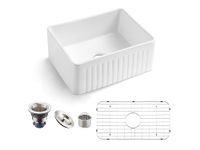 MEJE 60.5x45.5 cm Farmhouse Ceramic Kitchen Sink, Small Apron-Front Sink with Strainer & Bottom Grids