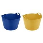 (Set of 2) 75L Litre Blue And Yellow Robust Versatile Multipurpose Extra Large Flexi Tub Garden Home Flexible Plastic Storage Container Bucket Tub Trugs Horse Feeder Flex Tub- MADE IN UK