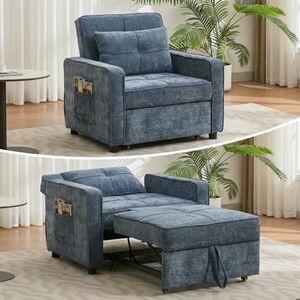 3-in-1 Folding Convertible Sofa Bed, Single Sleeper Chair with Side Pockets, Chenille Recliner Sofa with Pull Out Bed & Adjustable Backrest, Small Couch Bed with Pillow for Living Room, Lounge (Blue)
