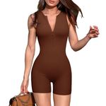 JN JANPRINT Workout Jumpsuits Shorts for Women Half Zip Front Stretch Tops Bodysuits Unitard Bodycon Summer Outfits(Brown,S)