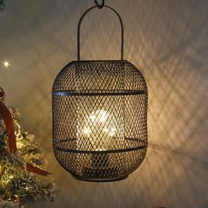 NEWIMAGE Battery Powered Lamp with Handle Decorative Table Lamp Metal Cage Lantern with 6 Hours Timer for Home Decor Living Room Bedroom Outdoor Wedding (Black)