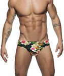 NUJOLI Men's Bikini Swimwear Sexy Low Rise Swimming Briefs with Adjustable Drawstring, Black Floral, Small