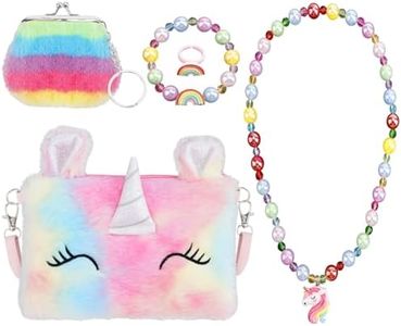 ELICNA 5pcs Bolso Niña,Juegos de Joyas Bolso para Niños con Juego de Joyas Bolso Niña 3 4 5 6 7 8 9 10 11 12 Años Regalo Niña 4-12 Años con Monedero de Felpa Collar Pulsera Anillos Niña
