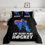 Ice Hockey Queen Comforter Set,Pucks Sports Ball Games Bedding for Boys,Teal Blue Purple Watercolor Tie Dye Down Comforter for Hockey Player,Extreme Sport Quilt Rainbow Painting Room Decor