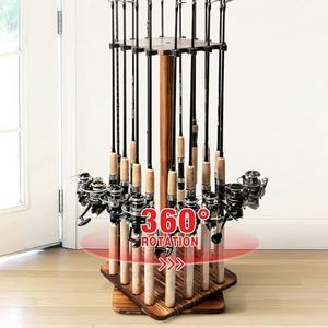 Dsocool Fishing Rod Holders for Garage 360 Degree Rotating Fishing Pole Rack, Floor Stand Holds up to 16 Rods Wood Fishing Gear Equipment Storage Organizer, Fishing Gifts for Men Women