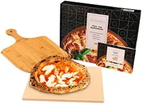 GOURMEO Pizza Stone Pan and Wooden Pizza Paddle - 15x11.8x0.6 inch - Cordiete Bread Beaking Stone w/Pizza Peel - Suitable for Oven & Grill