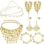 Belly Dance Jewelry Set for Women Gold Sequins Head Chain Gold Coin Necklace Bracelets Earrings Anklet Belly Dance Accessories for Masquerade Halloween Dress up Party