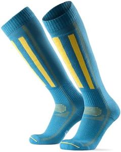 DANISH ENDURANCE Merino Wool Alpine Ski Socks, Anti-Blister Cushioning, Shin Protection, for Men & Women, Blue/Yellow, Large