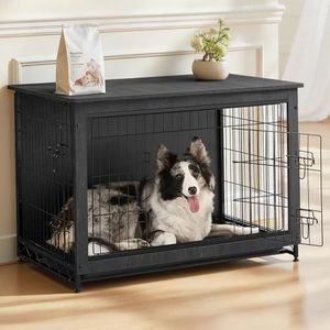 Feandrea 56.1" Dog Crate Furniture, Indoor Dog Cage Side End Table, XXL Pet Wood Kennel for Large and Medium Dogs up to 105 lb with Multi-Purpose Removable Tray, Double-Door Pet House, Ink Black