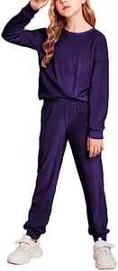 Arshiner Girls Pullover Sweatsuit Casual Velour Tracksuits for Kids Long Sleeve Tracksuit Solid Color Jogging Suits Dark Purple Size 7-8Y