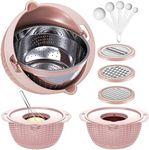 4-1 Colander with Bowl Set - Food Strainer with Graters & Spoons - Colanders for kitchen - Strainers and Colanders - Strainer Bowl Fruit Cleaner with Strainer Pasta Rice Strainer for Veggie Wash Pink