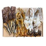 Natural Dog Treat Box Including 30 Natural Dog Chews and Treats. Hairy Rabbit Ears, Dried Sprats, Puffed Beef Jerky, Chicken Feet, Wings & Hearts. Suitable for Small, Medium and Large Adult Dogs.