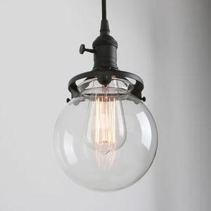 PERMO Modern Pendant Lighting Fixtures with 5.9" Round Clear Glass Globe Hand Blown Shade Mid Century Chandelier 1 Light Hanging Fixture for Kitchen Island Dinning Room Bedroom (Black)