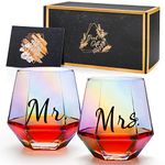 Ymyaye Mr and Mrs Wine Glasses Set of 2 Wedding gifts, Engagement Gift, Iridescent Diamond Shaped Wine Glasses for Couples Bridal Shower Gifts, Unique Colorful Stemless Wine Glasses for Bride and Groom, His and Hers Gifts…