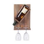 Genuine Decor 1 Bottle and 2 Wine Glass Stand Wall Mounted Wine Bottle and Glass Rack Holder | Natural Teak Polish Wine Bar Cabinet for Home