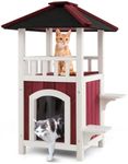 Tangkula Outdoor Cat House, 2-Story Wooden Cat Shelter with Asphalt Roof, Balcony, Rain Curtain, Jumping Platforms, Removable Floor, Weatherproof Pet Hutch for Small & Medium Sized Cats