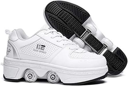 KOFUBOKE 2-in-1 Roller Skates & Sneakers Unisex Retractable Wheels Outdoor Fun & Fitness Kick Roller Shoes, White Without Light, 4.5