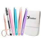 Candure Tweezers Set for Great Precession & Perfect Grip - Eyebrow Tweezers & Eyebrow Scissors with Double-Sided Eyebrow Brush for Ingrown Hair, Blackhead, Splinter, Blackhead, Facial Hair & Tick Remover with Travel Case