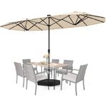 TANGZON 400cm/4m Large Twin Patio Umbrella with Garden Parasol Base, Double-Sided Market Umbrella with 36 LED Lights, Outdoor Table Umbrella for Poolside Deck Backyard (Beige)