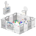 UBRAVOO Foldable Baby Playpen with Mini Basketball Hoop & 50Pcs Coloured Pit Balls, Car Theme Playpen for Baby and Toddlers, Large & Fun Indoor Activity Centre (14-Panel, Grey-White)