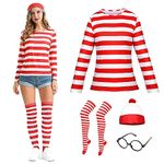 Esiaphia Wheres Waldo Costume Adult Halloween Costume Women,2024 Red and White Striped T-Shirt with Glasses Hat(Women,Large)