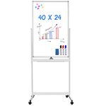 Magnetic Mobile White Board, 40 x 24 Double Sided Dry Erase Board Rolling Whiteboard Aluminum Frame Standing Whiteboard on Wheels