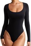 REORIA Womens Basic Sexy Scoop Neck Long Sleeve Leotards Fashion Fall Outfits Double Lined Layering Slim Soft Bodysuits Tops Black X-Small-