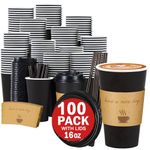 Lamosi Coffee Cups 16 OZ 100 Pack, 16 Ounce To Go Cups with Lids, Stir Sticks and Sleeves, 16 Ounce Disposable Coffee Cups, 16 Ounce Black Hot Paper Cups for Home, Travel, Office (16 OZ, 100 Pack)