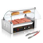 VEVOR Hot Dog Roller 7 Rollers 18 Hot Dogs Capacity, 1050W Stainless Sausage Grill Cooker Machine with Dual Temp Control Glass Hood Acrylic Cover Bun Warmer Shelf Removable Oil Drip Tray ETL Certified