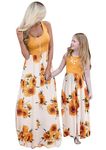 YMING Mommy and Me Maxi Beach Sundress Crew Neck Family Casual Dress Maxi Sleeveless Long Dress White Sunflower 10 Years