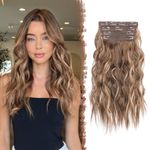 FESHFEN Clip in Hair Extensions 4PCs Long Wavy Thick Hair Piece Highlighted Full Head Synthetic Natural Curly Honey Blonde Mixed Light Brown Extension for Women, 16 Inch