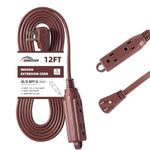 HONDERONS 12FT 3 Outlets Brown Extension Cord with Flat Plug, 16/3 SPT-3 Extension Cable 3 Prong Grounded, Durable Power Cable for Home, Office