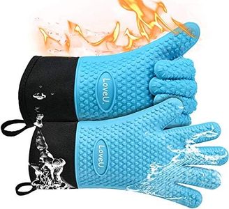 Loveuing Kitchen Oven Gloves - Dual-Layer Heat Resistant Grilling Gloves, Silicone Oven Mitts with 5 Fingers, Waterproof Non-Slip Pot Holder for Barbecue, Cooking, Baking (Blue, Long)