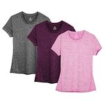 icyzone Workout Running Tshirts for Women - Fitness Athletic Yoga Tops Exercise Gym Shirts (Pack of 3) (L, Charcoal/Red Bud/Pink)