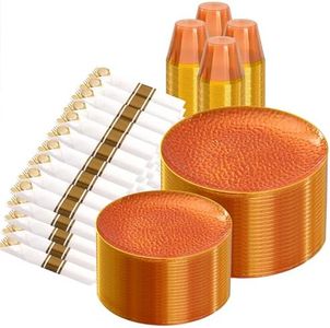 Rubtlamp 700Pcs Amber Gold Plastic Dinnerware Set, Hammered Clear Gold Plates, Fancy Plastic Plates Include 100 Dinner Platos, 100 Salad Platos, 100 Cups,100 Pack Pre Rolled gold plastic Silverware