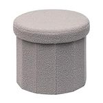 Bonlife Grey Teddy Ottoman with Storage,Foldable Footstool for living room,Toy Chest,Storage Seat,Round Shape Footrest,38X38X33.5cm