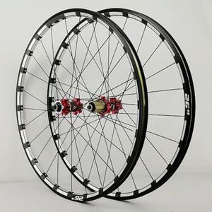 Set Ruote Bici 26/27.5/29" MTB Cerchi in Lega CNC A Doppia Parete Mozzo in Carbonio Freno A Disco 24H QR Cuscinetto Sigillato NBK per Cassette A 7-11 velocità (Color : Red hub, Size : 26")