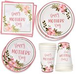 Gift Boutique Happy Mother's Day Party Supply Table Set 24 9", 24 7" Paper Plates 24 9 Oz Cups 50 Lunch Napkins Best Mom Ever Spring Flowers Theme Disposable Birthday Dinnerware Decors