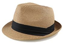 Kids Floppy Straw Fedora Sun-Hat Foldable Summer Short Brim Beach Sun-Hat for Babyboys Girls, Khaki, 5-10 Years