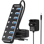 USB 3.0 Hub Powered, VKUSRA Aluminum 7 USB Port SuperSpeed USB Data Hub with 5V3A Power Adapter and Individual On/Off Switch for Surface Pro, XPS, PC Laptop, Desktop, NoteBook and More