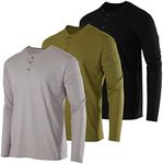 Real Essentials 3 Pack Mens Cotton Long Sleeve Henley T-Shirt Placket Casual Workwear Fashion Shirts Relaxed Fit Soft Lounge Active Athletic Workout Dry Fit Baseball Sleep Winter- Set 10, M