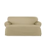 SureFit Heavyweight Cotton Duck T-Cushion Loveseat Slipcovers, Heavyweight Cotton Loveseat Cover, One Piece Design, Loveseat Cover with Seat Elastic and Adjustable Corner Ties, Khaki