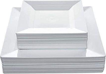 Aya's 60ct White Plastic Plates Disposable - Heavy Duty Square Disposable Plastic Plates for Party (30 Dinner/30 Salad) - Christmas Plates Disposable, Thanksgiving Plates, Hard Plastic Plates