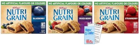 24 COUNT Fruit Flavoured Cereal Bars Bundle. Includes (24) Nutri-Grain Cereal Bars – Strawberry, Mixed Berry & Blueberry with Water Cooler Trivia Game by BIG MAPLE®. Great for Snacking at Home, School, Office, Friends, Family