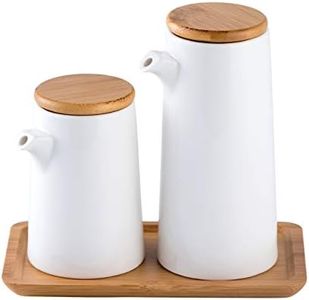 Honey ARGOL | Oil Vinegar Dispenser Bottle Set, Olive Oil Soy Sauce Dispenser for Kitchen, White Ceramic Dispenser Cruet, Dressing Dispenser Bottle, Decorative Olive Oil Decanter, Set of 2 with Tray
