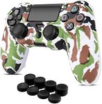 TNP PS 4 / Slim / Pro Controller Skin Grip Cover Case Set - Protective Soft Silicone Gel Rubber Shell & Anti-slip Thumb Stick Caps for Sony PlayStation 4 Controller Gaming Gamepad (Camo Green White)