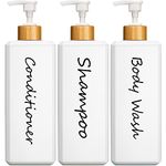 GMISUN Shampoo and Conditioner Dispenser, Refillable White Shampoo and Conditioner Bottles with Bamboo Pump, Modern Bathroom Shower Bottles Set for Shampoo Conditioner Body Wash, 3 Pack