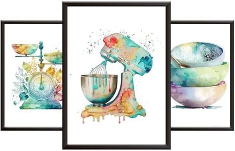 Watercolour Kitchen Prints for Wall - Set of 3 Posters and Abstract Kitchen Wall Art Decor - Scales - Mixer - Bowls - Multi-coloured Pictures of Cooking / Baking Equipment. Unframed A4 Posters