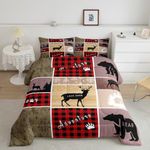 Rustic Farmhouse Bedding Set Twin,Vintage Cabin Lodge Comforter Set For Kids Girls Teens Bedroom Decor,Woodland Bear Deer Quilt Western Cowboy Grid Claw Bedding Comforter Sets Cabin Gifts For Women